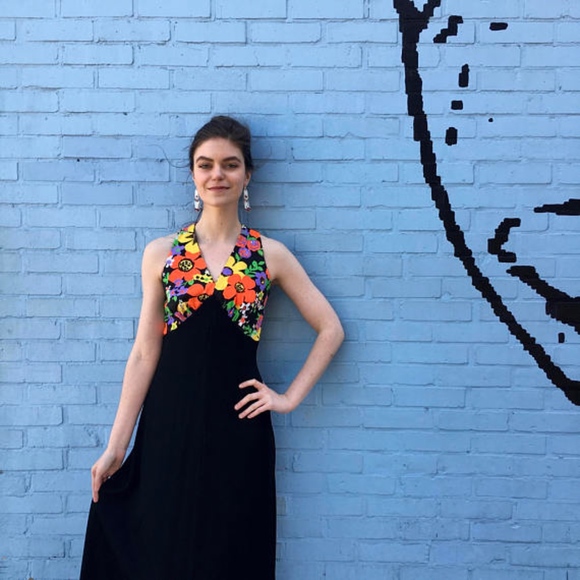 Vintage 1970's Floral & Black Halter Maxi Dress - Picture 3 of 4